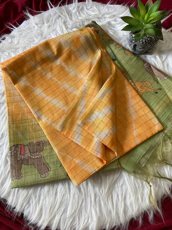 Soft_Tussar_Silk_sarees_with_Beautiful_Srikalahasti_Style_Of_Kalamkari_Digital_Print_With_Attractive_Border_And_Contrast_Print_Blouse_With_Tassels