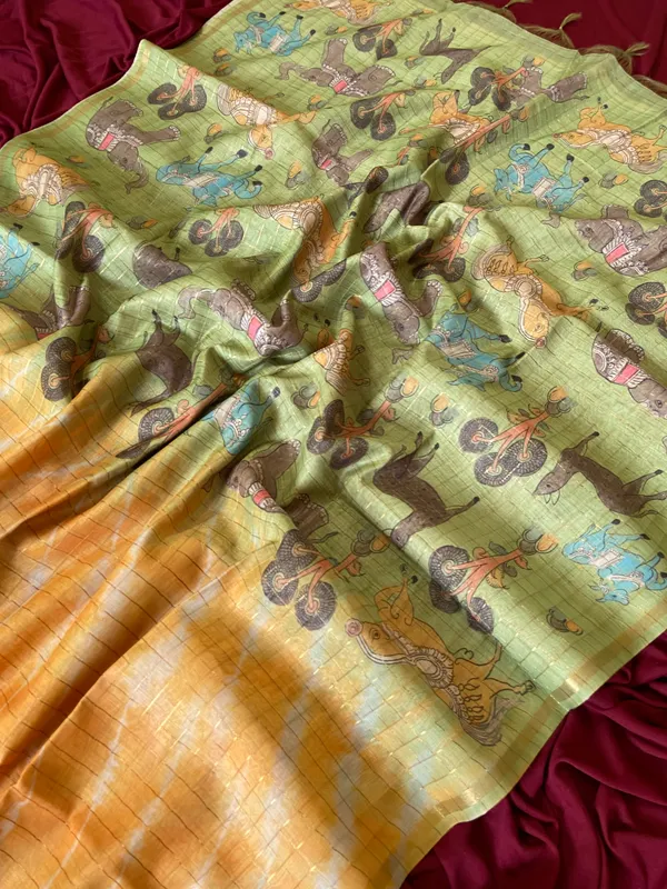 Soft_Tussar_Silk_sarees_with_Beautiful_Srikalahasti_Style_Of_Kalamkari_Digital_Print_With_Attractive_Border_And_Contrast_Print_Blouse_With_Tassels