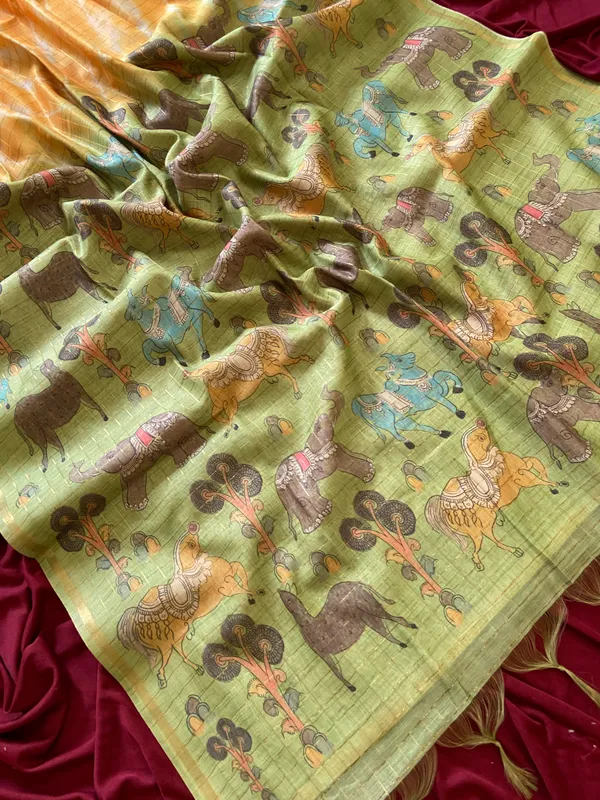 Soft_Tussar_Silk_sarees_with_Beautiful_Srikalahasti_Style_Of_Kalamkari_Digital_Print_With_Attractive_Border_And_Contrast_Print_Blouse_With_Tassels