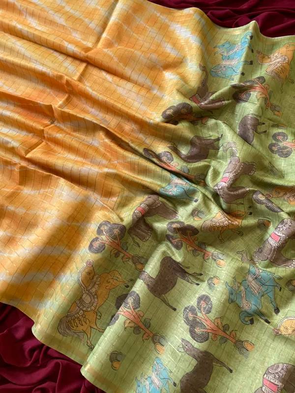 Soft_Tussar_Silk_sarees_with_Beautiful_Srikalahasti_Style_Of_Kalamkari_Digital_Print_With_Attractive_Border_And_Contrast_Print_Blouse_With_Tassels