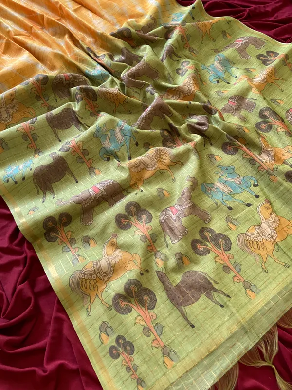 Soft_Tussar_Silk_sarees_with_Beautiful_Srikalahasti_Style_Of_Kalamkari_Digital_Print_With_Attractive_Border_And_Contrast_Print_Blouse_With_Tassels