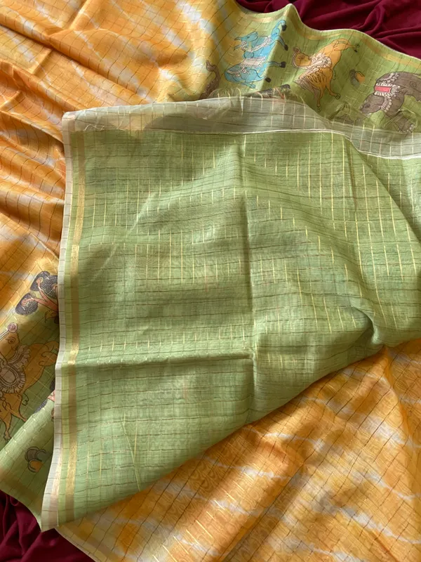 Soft_Tussar_Silk_sarees_with_Beautiful_Srikalahasti_Style_Of_Kalamkari_Digital_Print_With_Attractive_Border_And_Contrast_Print_Blouse_With_Tassels