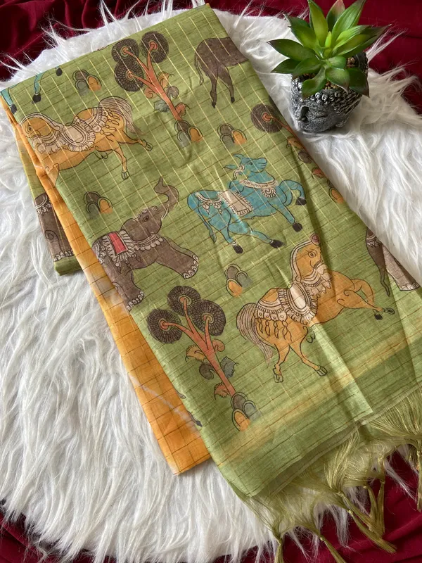 Soft_Tussar_Silk_sarees_with_Beautiful_Srikalahasti_Style_Of_Kalamkari_Digital_Print_With_Attractive_Border_And_Contrast_Print_Blouse_With_Tassels