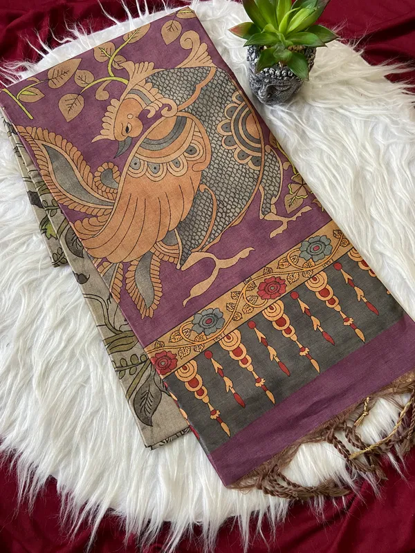 Soft_Tussar_Silk_sarees_with_Beautiful_Style_Of_Kalamkari_Digital_Print_With_Attractive_Border_And_Contrast_Print_Blouse_With_Tassels