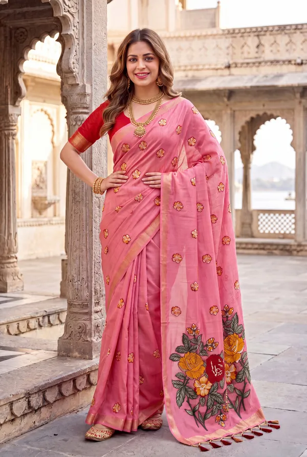 Premium_Soft_Muga_Cotton_sarees_with_Beautiful_Colourfull_Resham_Weaving_Flower_Design_Pallu_With_Attractive_All_Over_Resham_Weaving__Flower_Design_With_Zari_Weaving_Border_And_Contrast_Blouse_With_Fancy_Tassels
