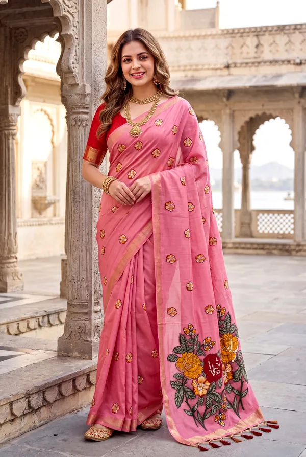Premium_Soft_Muga_Cotton_sarees_with_Beautiful_Colourfull_Resham_Weaving_Flower_Design_Pallu_With_Attractive_All_Over_Resham_Weaving__Flower_Design_With_Zari_Weaving_Border_And_Contrast_Blouse_With_Fancy_Tassels