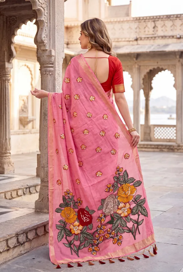 Premium_Soft_Muga_Cotton_sarees_with_Beautiful_Colourfull_Resham_Weaving_Flower_Design_Pallu_With_Attractive_All_Over_Resham_Weaving__Flower_Design_With_Zari_Weaving_Border_And_Contrast_Blouse_With_Fancy_Tassels
