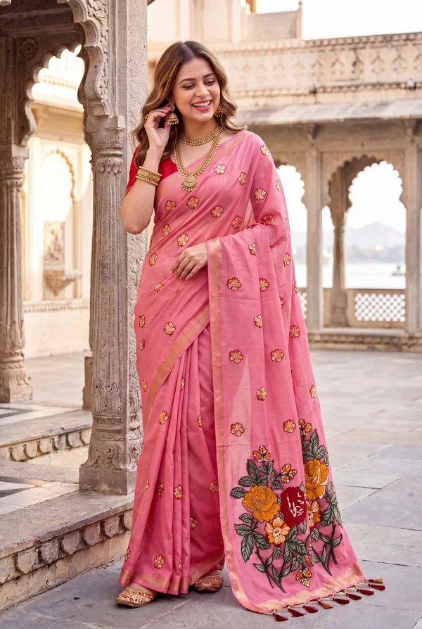 Premium_Soft_Muga_Cotton_sarees_with_Beautiful_Colourfull_Resham_Weaving_Flower_Design_Pallu_With_Attractive_All_Over_Resham_Weaving__Flower_Design_With_Zari_Weaving_Border_And_Contrast_Blouse_With_Fancy_Tassels