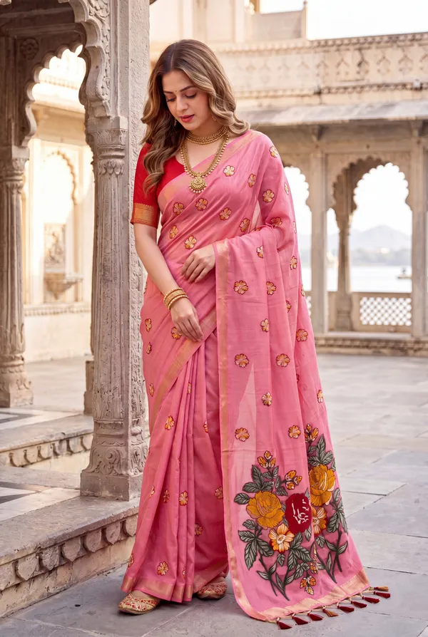 Premium_Soft_Muga_Cotton_sarees_with_Beautiful_Colourfull_Resham_Weaving_Flower_Design_Pallu_With_Attractive_All_Over_Resham_Weaving__Flower_Design_With_Zari_Weaving_Border_And_Contrast_Blouse_With_Fancy_Tassels