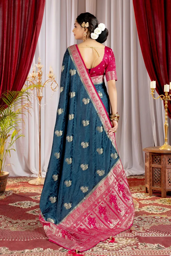 Banarasi_Pure_Satin_Silk_sarees_with_Beautiful_Elephant_in_Contrast_Pink-Blue_Shades_With_Attractive_Weaving_Gold_Zari_Design_And_Contrast_Blouse_With_Tassels