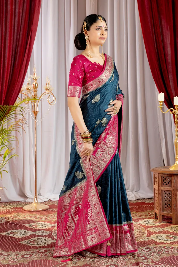 Banarasi_Pure_Satin_Silk_sarees_with_Beautiful_Elephant_in_Contrast_Pink-Blue_Shades_With_Attractive_Weaving_Gold_Zari_Design_And_Contrast_Blouse_With_Tassels