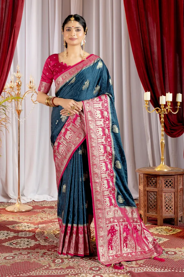 Banarasi_Pure_Satin_Silk_sarees_with_Beautiful_Elephant_in_Contrast_Pink-Blue_Shades_With_Attractive_Weaving_Gold_Zari_Design_And_Contrast_Blouse_With_Tassels
