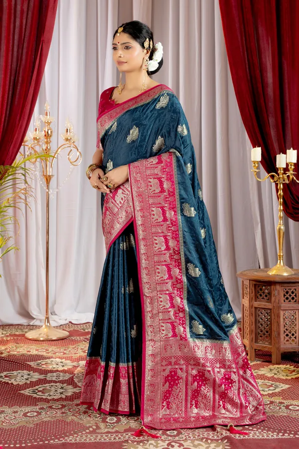 Banarasi_Pure_Satin_Silk_sarees_with_Beautiful_Elephant_in_Contrast_Pink-Blue_Shades_With_Attractive_Weaving_Gold_Zari_Design_And_Contrast_Blouse_With_Tassels