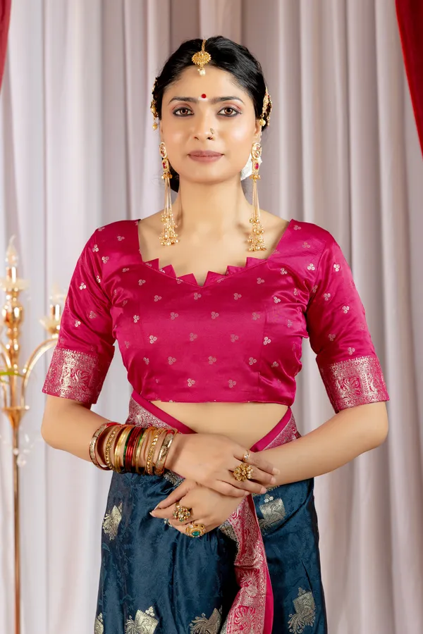Banarasi_Pure_Satin_Silk_sarees_with_Beautiful_Elephant_in_Contrast_Pink-Blue_Shades_With_Attractive_Weaving_Gold_Zari_Design_And_Contrast_Blouse_With_Tassels