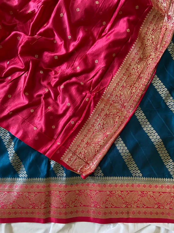 Banarasi_Pure_Satin_Silk_sarees_with_Beautiful_Elephant_in_Contrast_Pink-Blue_Shades_With_Attractive_Weaving_Gold_Zari_Design_And_Contrast_Blouse_With_Tassels