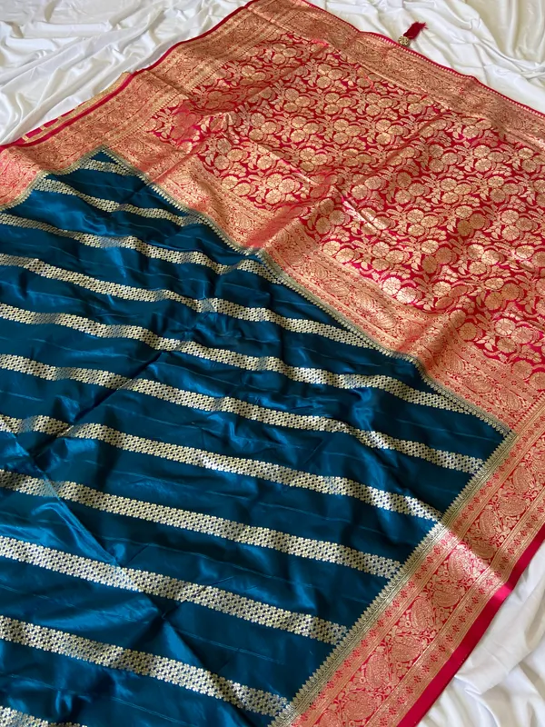 Banarasi_Pure_Satin_Silk_sarees_with_Beautiful_Elephant_in_Contrast_Pink-Blue_Shades_With_Attractive_Weaving_Gold_Zari_Design_And_Contrast_Blouse_With_Tassels