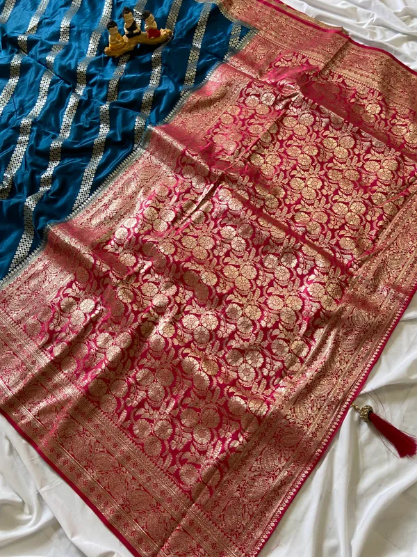 Banarasi_Pure_Satin_Silk_sarees_with_Beautiful_Elephant_in_Contrast_Pink-Blue_Shades_With_Attractive_Weaving_Gold_Zari_Design_And_Contrast_Blouse_With_Tassels