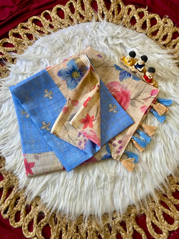 Soft_Premium_Linen_sarees_with_Beautiful_Print_With_Attractive_Checks_Design_Saree_With_Gold_Zari_Border_And_Print_Blouse_With_Tassels