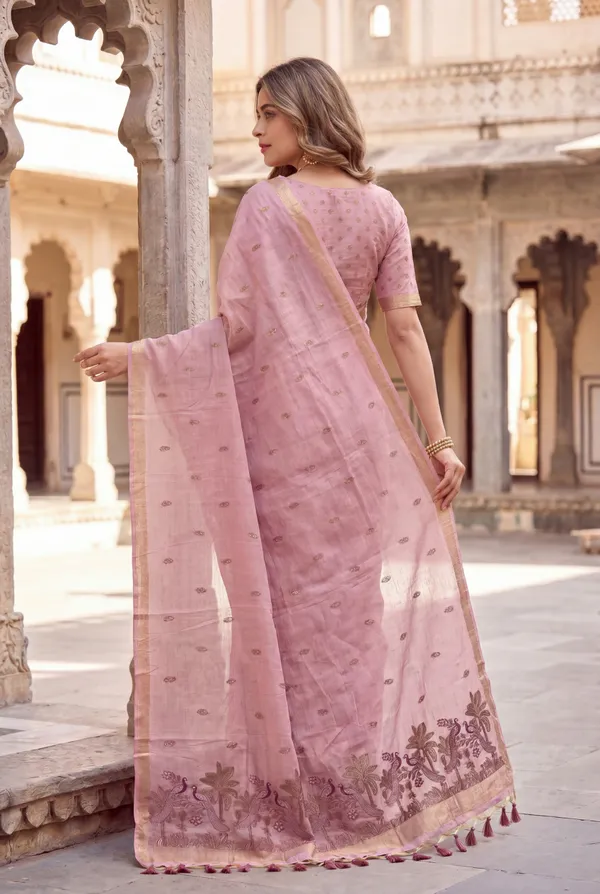 Premium_Soft_Muga_Cotton_sarees_with_Beautiful_Colourfull_Resham_Weaving__Peacock_Design_Pallu_With_Attractive_Traditional_Zari_Weaving__With_All_Over__Resham_Weaving__And_Resham_Weaving_Butti_Blouse_With_Fancy_Tassels