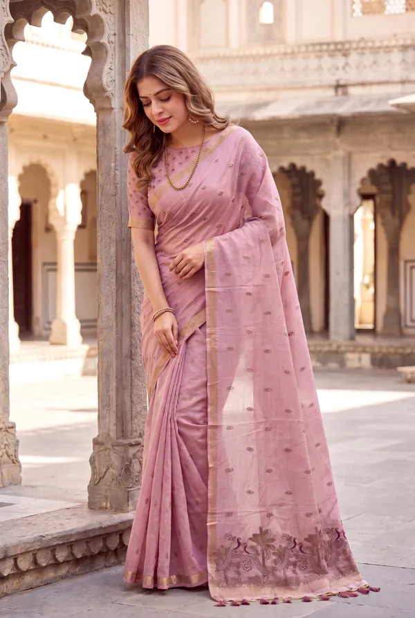Premium_Soft_Muga_Cotton_sarees_with_Beautiful_Colourfull_Resham_Weaving__Peacock_Design_Pallu_With_Attractive_Traditional_Zari_Weaving__With_All_Over__Resham_Weaving__And_Resham_Weaving_Butti_Blouse_With_Fancy_Tassels