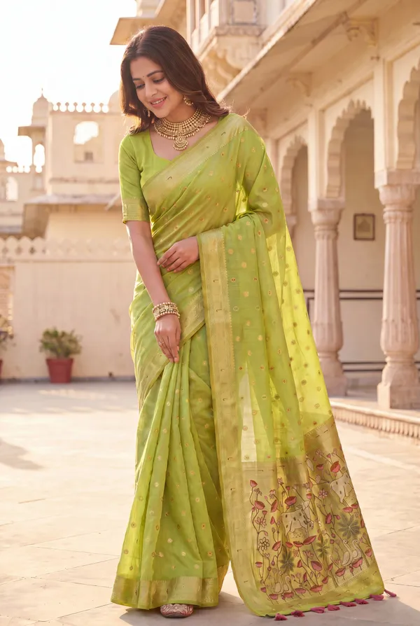 Premium_Soft_Muga_Cotton_Paithani_sarees_with_Beautiful_Colourfull_3D_Woven_Cow_Design_Pallu_With_Attractive_All_Over_Resham_Weaving_Butti_Design_With_Zari_Weaving_Border_And_Resham_Weaving_Butti_Blouse_With_Fancy_Tassels