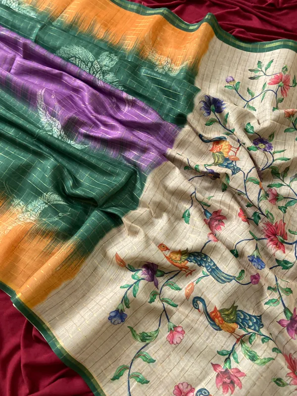 Soft_Tussar_Silk_sarees_with_Beautiful_Style_Of_Kalamkari_Digital_Print_With_Attractive_Border_And_Contrast_Print_Blouse_With_Tassels