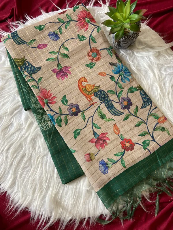 Soft_Tussar_Silk_sarees_with_Beautiful_Style_Of_Kalamkari_Digital_Print_With_Attractive_Border_And_Contrast_Print_Blouse_With_Tassels