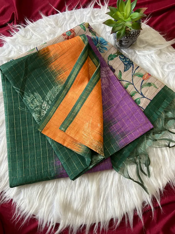 Soft_Tussar_Silk_sarees_with_Beautiful_Style_Of_Kalamkari_Digital_Print_With_Attractive_Border_And_Contrast_Print_Blouse_With_Tassels
