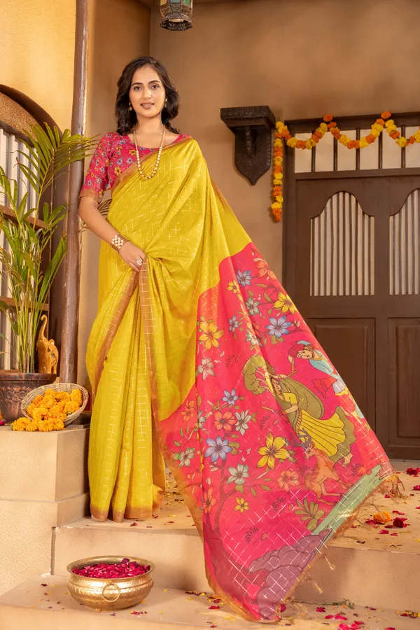 Soft_Semi_Tussar_Silk_sarees_with_Beautiful_Digital_Print_With_Attractive_Border_And_Contrast_Print_Blouse_With_Tassels