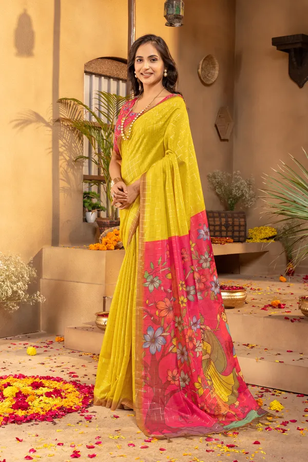 Soft_Semi_Tussar_Silk_sarees_with_Beautiful_Digital_Print_With_Attractive_Border_And_Contrast_Print_Blouse_With_Tassels