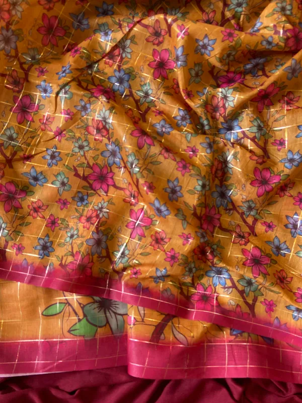 Soft_Semi_Tussar_Silk_sarees_with_Beautiful_Digital_Print_With_Attractive_Border_And_Contrast_Print_Blouse_With_Tassels