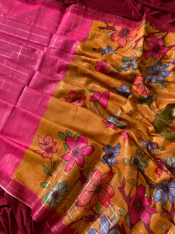 Soft_Semi_Tussar_Silk_sarees_with_Beautiful_Digital_Print_With_Attractive_Border_And_Contrast_Print_Blouse_With_Tassels