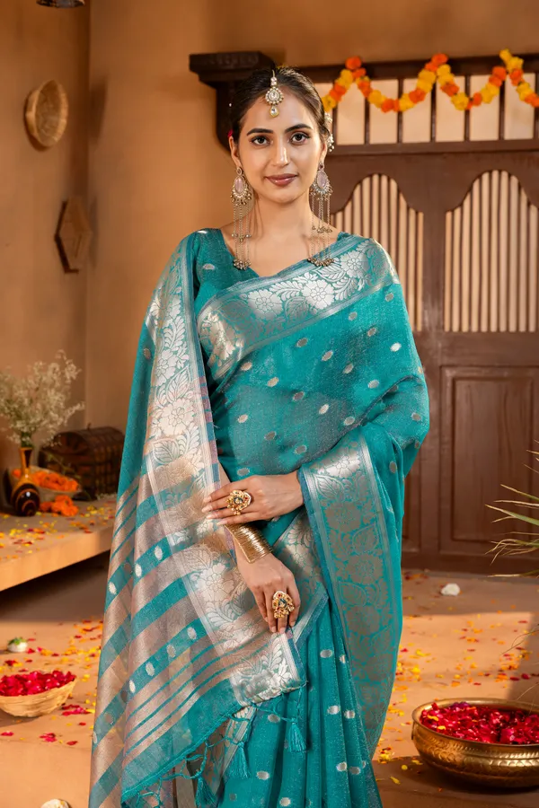 Premium_Soft_Khadi_Shimmer_sarees_with_Beautiful_Butti_Design_Weaving__Pallu_With_Attractive_Traditional_Zari_Weaving__Border_With_All_Over_Butti_Weaving__Design_And_Butti_Design_Weaving__Blouse_With_Fancy_Tassels