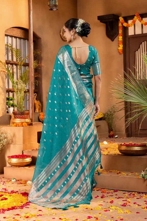 Premium_Soft_Khadi_Shimmer_sarees_with_Beautiful_Butti_Design_Weaving__Pallu_With_Attractive_Traditional_Zari_Weaving__Border_With_All_Over_Butti_Weaving__Design_And_Butti_Design_Weaving__Blouse_With_Fancy_Tassels