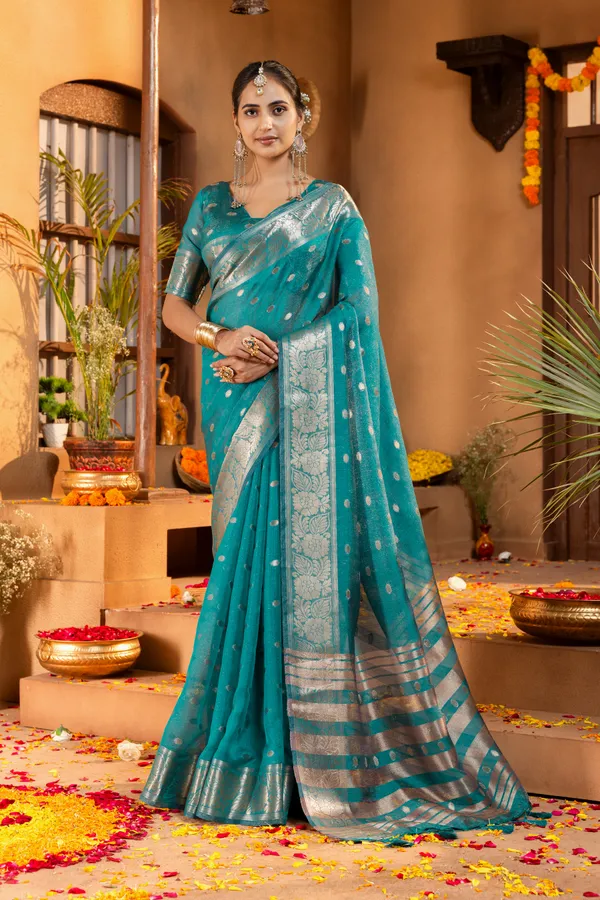 Premium_Soft_Khadi_Shimmer_sarees_with_Beautiful_Butti_Design_Weaving__Pallu_With_Attractive_Traditional_Zari_Weaving__Border_With_All_Over_Butti_Weaving__Design_And_Butti_Design_Weaving__Blouse_With_Fancy_Tassels