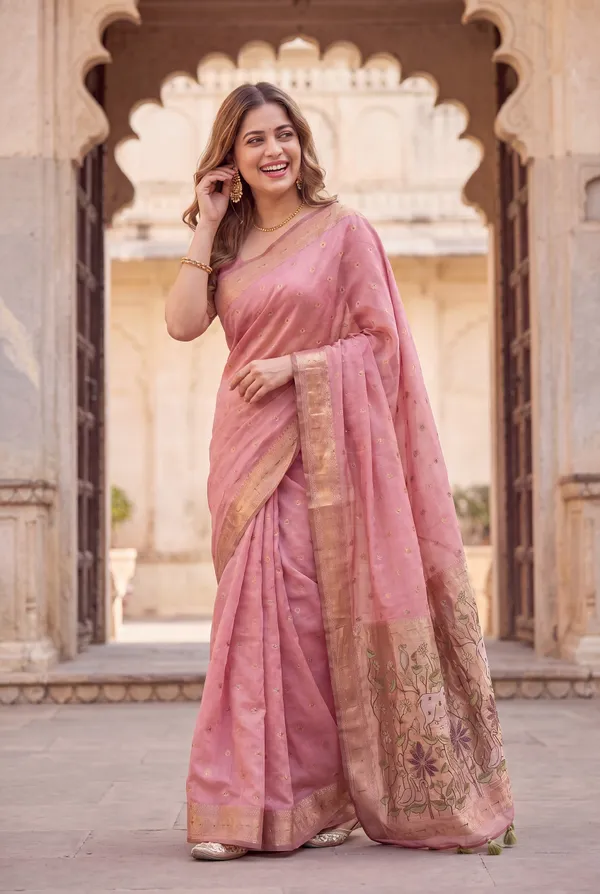 Premium_Soft_Muga_Cotton_Paithani_sarees_with_Beautiful_Colourfull_3D_Woven_Cow_Design_Pallu_With_Attractive_All_Over_Resham_Weaving_Butti_Design_With_Zari_Weaving_Border_And_Resham_Weaving_Butti_Blouse_With_Fancy_Tassels