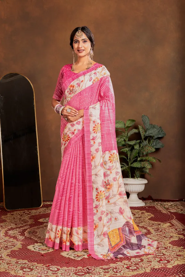 Soft_Semi_Tussar_Silk_sarees_with_Beautiful_Digital_Print_With_Attractive_Border_And_Contrast_Print_Blouse_With_Tassels