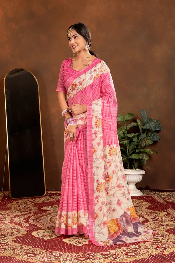 Soft_Semi_Tussar_Silk_sarees_with_Beautiful_Digital_Print_With_Attractive_Border_And_Contrast_Print_Blouse_With_Tassels