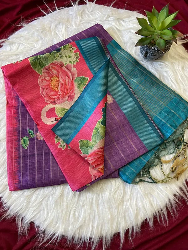 Soft_Semi_Tussar_Silk_sarees_with_Beautiful_Digital_Print_With_Attractive_Border_And_Contrast_Print_Blouse_With_Tassels