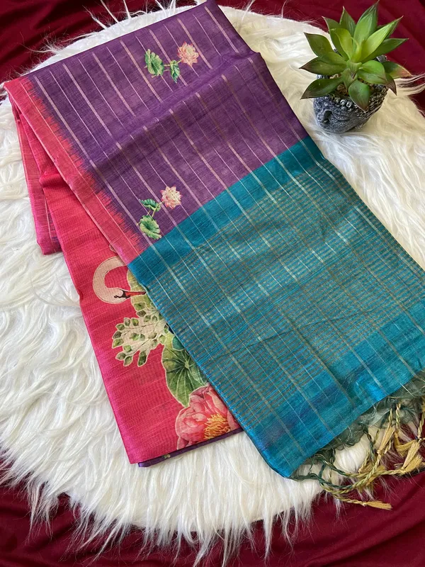 Soft_Semi_Tussar_Silk_sarees_with_Beautiful_Digital_Print_With_Attractive_Border_And_Contrast_Print_Blouse_With_Tassels