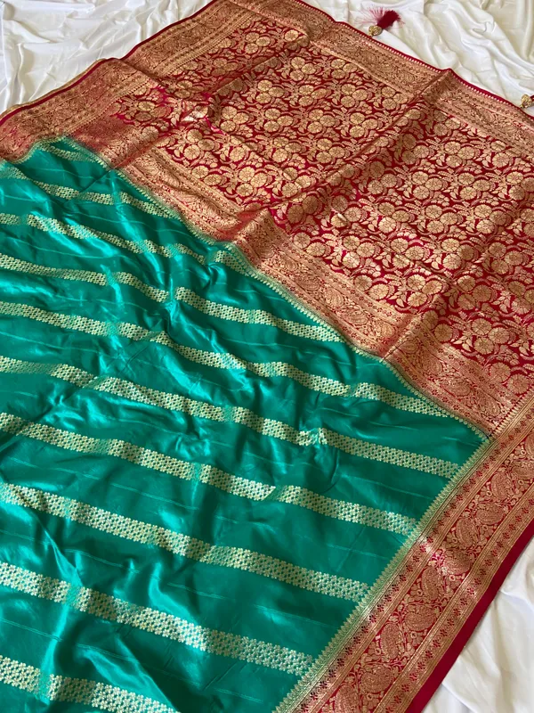 Banarasi_Pure_Satin_Silk_sarees_with_Beautiful_Elephant_in_Contrast_Pink-Rama_Shades_With_Attractive_Weaving_Gold_Zari_Design_And_Contrast_Blouse_With_Tassels