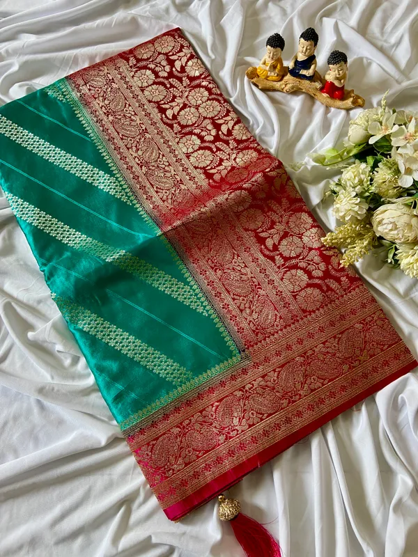 Banarasi_Pure_Satin_Silk_sarees_with_Beautiful_Elephant_in_Contrast_Pink-Rama_Shades_With_Attractive_Weaving_Gold_Zari_Design_And_Contrast_Blouse_With_Tassels
