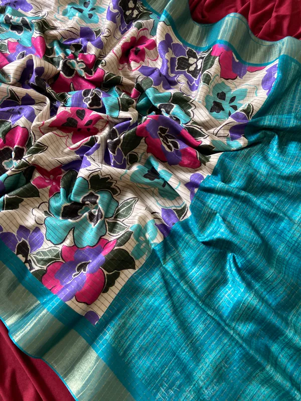 Soft_Tussar_Silk_sarees_with_Beautiful_Style_Of_Floral_Digital_Print_With_Attractive_Border_And_Contrast_Print_Blouse_With_Tassels