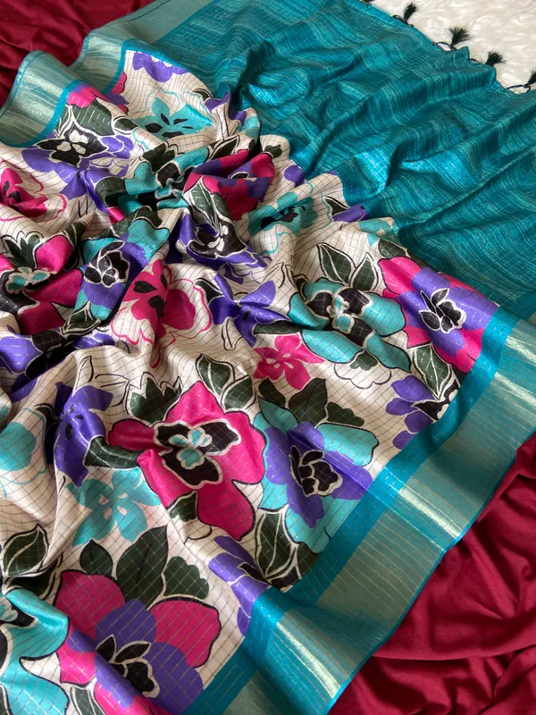 Soft_Tussar_Silk_sarees_with_Beautiful_Style_Of_Floral_Digital_Print_With_Attractive_Border_And_Contrast_Print_Blouse_With_Tassels