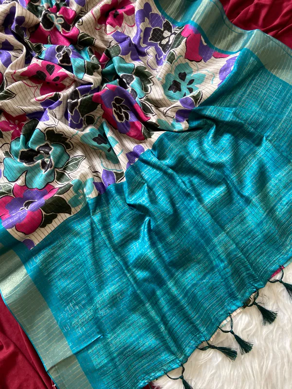 Soft_Tussar_Silk_sarees_with_Beautiful_Style_Of_Floral_Digital_Print_With_Attractive_Border_And_Contrast_Print_Blouse_With_Tassels
