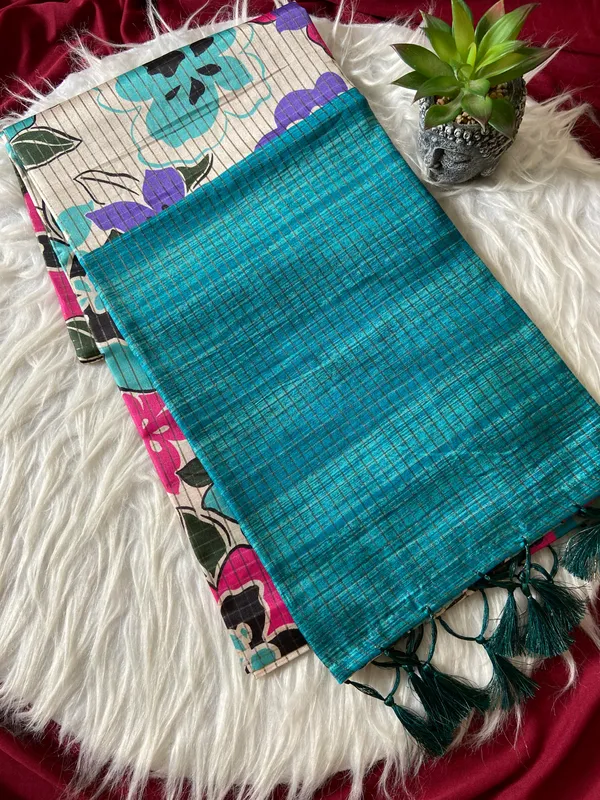 Soft_Tussar_Silk_sarees_with_Beautiful_Style_Of_Floral_Digital_Print_With_Attractive_Border_And_Contrast_Print_Blouse_With_Tassels