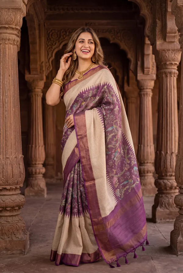 Soft_Tussar_Silk_sarees_with_Beautiful_Digital_Print_With_Attractive_Checks_Design_Saree_And_Digital_Print_Blouse_With_Tassels