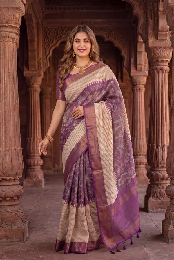 Soft_Tussar_Silk_sarees_with_Beautiful_Digital_Print_With_Attractive_Checks_Design_Saree_And_Digital_Print_Blouse_With_Tassels