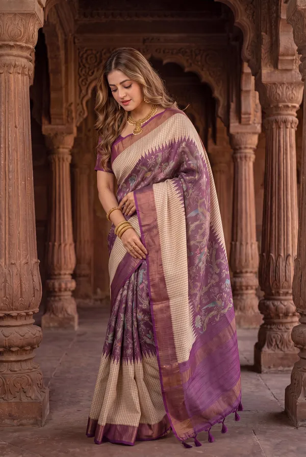Soft_Tussar_Silk_sarees_with_Beautiful_Digital_Print_With_Attractive_Checks_Design_Saree_And_Digital_Print_Blouse_With_Tassels