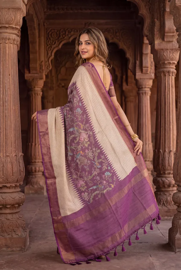 Soft_Tussar_Silk_sarees_with_Beautiful_Digital_Print_With_Attractive_Checks_Design_Saree_And_Digital_Print_Blouse_With_Tassels